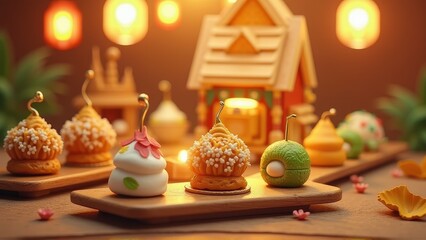 Colorful Traditional Thai Desserts and Sweets with Festive Bokeh Background