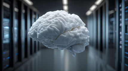 A white brain model floating in a server room with blurred background racks