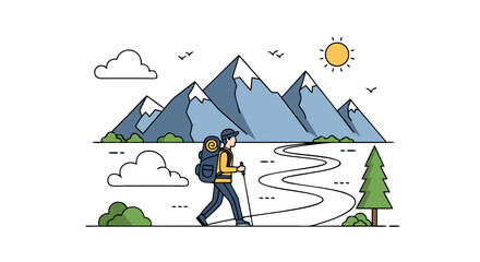 Stylized Illustration of a Hiker Trekking Through a Mountainous Landscape with Trees, Clouds, and a Bright Sun