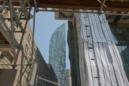 view of The L Tower, a residential condominium skyscraper designed by Daniel Libeskind at 8 The Esplanade, 2016, in postmodern style, Toronto