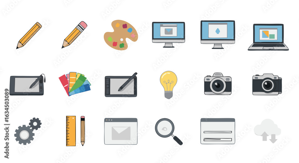 Poster collection of graphic design and creative process icons representing digital tools and artistic elem