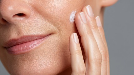 Naklejka premium Skin Care Product Application on Cheek Using Fingers Demonstrates Abstract Beauty in Personal Care Setting