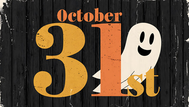 Spooky ghost and october 31st text on a textured black background