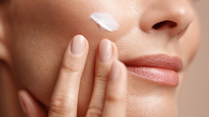 Naklejka premium Skin-care Product Application on Cheek Highlighting Beauty Routine and Self-Care Practices Enhancing Skin Health and Radiance in a Bright Setting