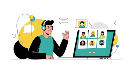 Fototapeta premium Illustration depicting a man participating in a video conference on a laptop screen connecting
