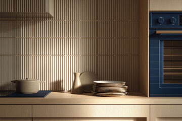 Cinematic Interior with Terracotta and Oak Counter