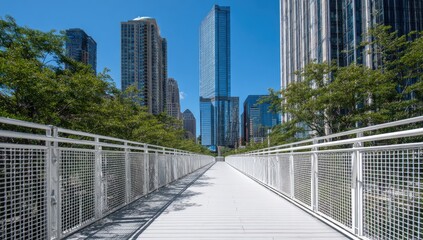 Cityscape walkway with modern architecture and lush greenery.