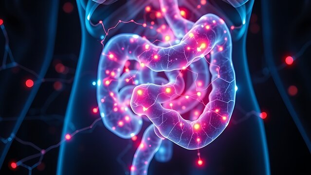 A glowing neural-like gut network pulsing with light, symbolizing hidden biological senses.