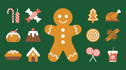 Christmas Treats And Gingerbread Man Flat Design Icons