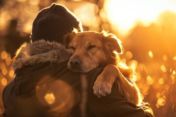 Obraz na płótnie Canvas Man hug Adorable dog nature outdoors mammal.