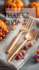 A festive Thanksgiving greeting card concept featuring golden cutlery on a linen napkin, surrounded by autumn berries and pumpkins, perfect for holiday wishes and seasonal invitations.