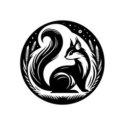 Cute squirrel in a circle isolated on white background in black and white