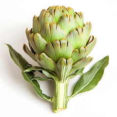 Obraz premium A fresh green artichoke with leaves is beautifully displayed on a plain white background, showcasing its intricate texture and natural beauty in a still life, isolated.
