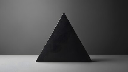 Fototapeta premium The dark triangular prism stands starkly against the subdued grey background, its edges and smooth surfaces creating a dramatic minimalist form on display.