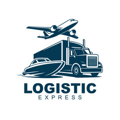 Multimodal Logistic Express Logo Design Featuring Truck, Plane, and Ship for Global Transport and Delivery Services