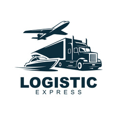Multimodal Logistic Express Logo Design Featuring Truck, Plane, and Ship for Global Transport and Delivery Services