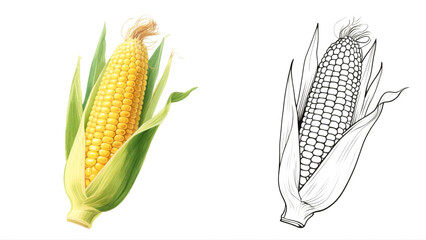 A fresh ear of corn with its husk peeled back, a realistic watercolor illustration with a detailed black and white line art drawing.