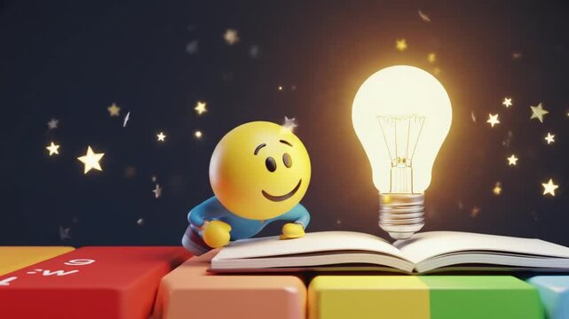 A cheerful cartoon character gazes at a glowing light bulb above an open book on colorful keys, symbolizing creativity and inspiration