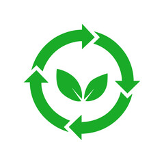 Green leaf with recycled energy arrows icon for clean and renewable energy branding