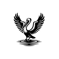 Fototapeta premium Monochrome pelican with wings spread isolated on white background, standing in water