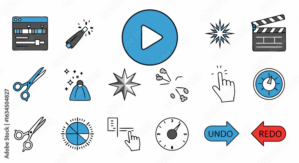 Aufkleber illustrative set for video editing and content creation with play button and editing tools