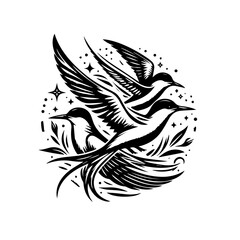 Three swallows in flight with stars isolated on white background