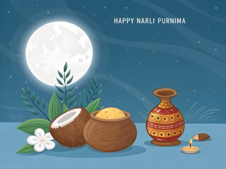 Happy Narali purnima background illustration for social media, indian festival Narali purnima social media post template banner