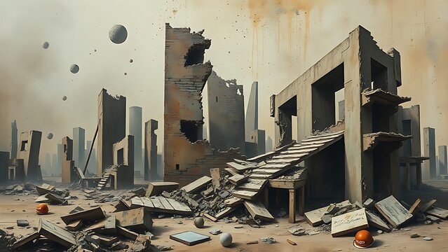Crumbling abstract structures in muted tones, representing fragile societal foundations.