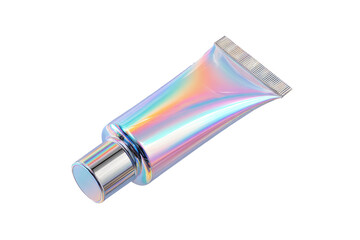 Holographic tube of iridescent cream.  A  tube of cosmetic cream with a iridescent, holographic finish.  Shimmering colors shift from light purple to pink to light blue.  A metal cap is on top