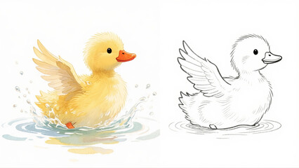 A cute yellow duckling splashing in a puddle of water, a playful watercolor illustration with a corresponding line art drawing.