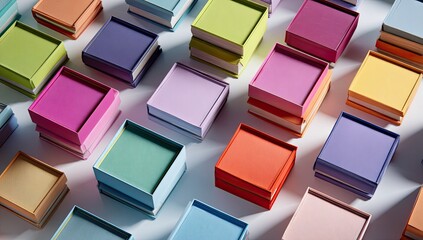 Colorful square boxes arranged in a grid pattern, layered and stacked, creating a vibrant design