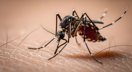 Fototapeta premium Macro Close-up of a Blood-Filled Aedes Aegypti Mosquito Resting on Human Skin, a Vector for Dangerous Diseases