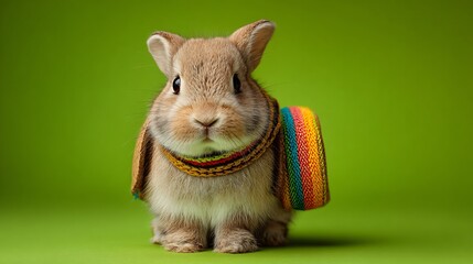 Adorable rabbit wearing a colorful costume.