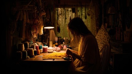 Obraz premium Woman working on a craft project in a dimly lit workshop.