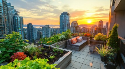 Fototapeta premium Serene Rooftop Garden Overlooking Urban Skyline at Sunset with Lush Greenery and Comfortable Seating in Vancouver