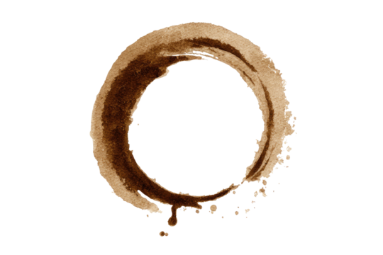 A circular, coffee-stain-like ring on a black background.  The stain is a light to medium brown hue, with variations in shading.  It appears somewhat imperfect in its circularity