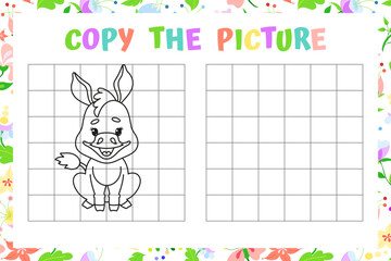 Copy the Picture Worksheet with Cute Donkey Vector Illustration