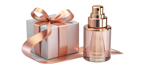 Clear face mist bottle with rose gold ribbon beside matching gift box on bright white backdrop