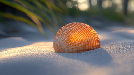 Seashell on beach sand, sunlit