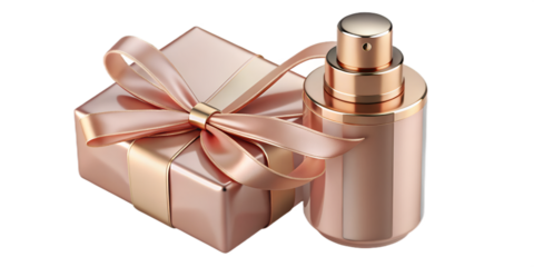 Elegant clear face mist with rose gold metallic bow placed beside pastel pink luxury gift box