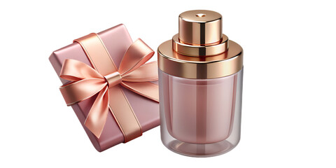 Elegant clear face mist with rose gold metallic bow placed beside pastel pink luxury gift box