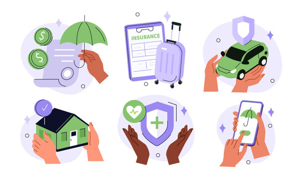 Characters hands holding car, house, umbrella and presenting various financial protection services. Health, vehicle, property, life, travel insurance concept. Vector illustration.
