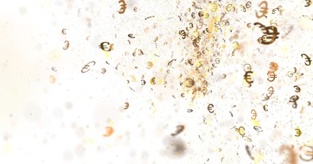 Abstract stock photo of euro symbols flying on a white background. Perfect for finance, business, and money concepts.