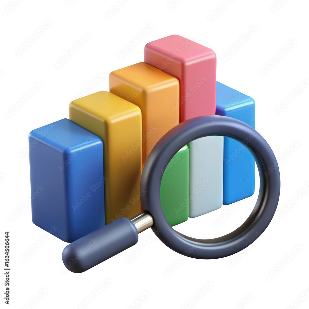 Poster 3d bar chart analysis with magnifying glass isolated on transparent background