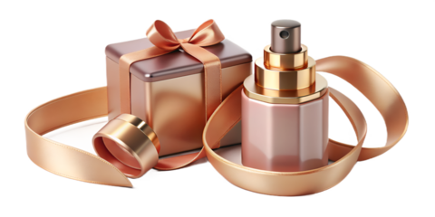 Aesthetic flatlay of face mist with rose gold ribbon and elegant pink gift box for skincare branding