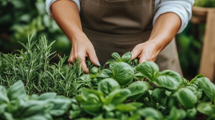 Close-Up of Hands Nurturing Fresh Herbs in a Greenery Filled Garden with Lush Basil and Rosemary Plants Under a Soft Natural Light
