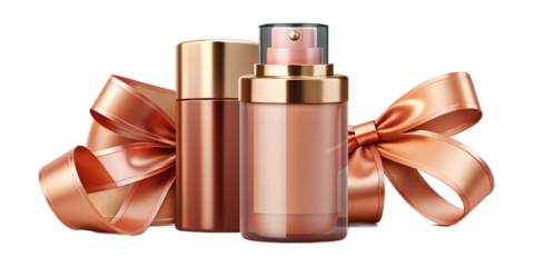 Aesthetic flatlay of face mist with rose gold ribbon and elegant pink gift box for skincare branding