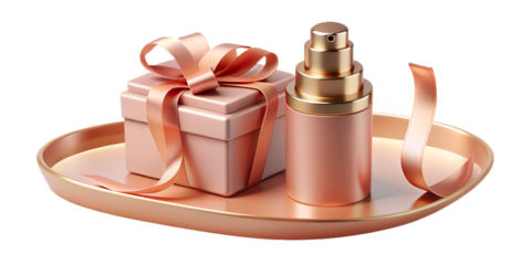 Beauty product display featuring clear face mist bottle and festive gift wrap with rose gold detail