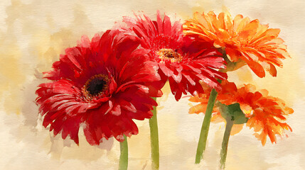 Watercolor Style Image of Red and Orange Gerbera Daisies with Soft Textured Background gerbera daisy