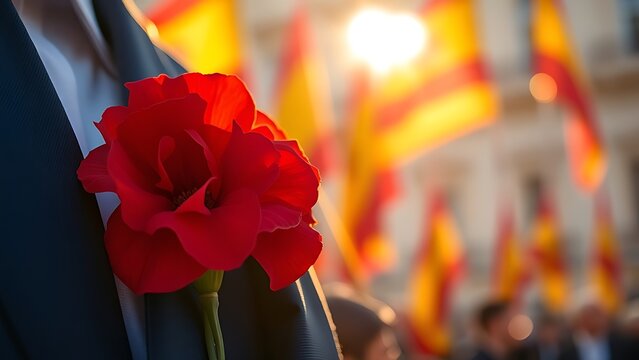 Red carnation on a dark blue suit lapel with golden sunlight, celebrating Spain National Day.